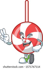 Striped peppermint candy Character cartoon style with two fingers