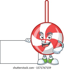 Striped peppermint candy cute cartoon character with a board