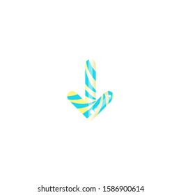 Striped peppermint candy in the shape of down arrow. Vector icon isolated on white background. Continue icon.  Next sign. glossy blue and yellow arrow. Holiday Easter cane