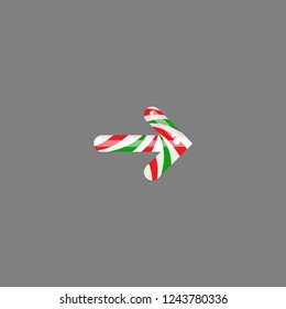 Striped peppermint candy in the shape of right arrow. Vector icon isolated on grey background. Continue icon.  Next sign. glossy Christmas arrow. Holiday clipart