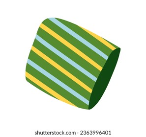 Striped pillow. Piece of bed and cozy interior. Angled view. Isolated object. Color image - green, blue and yellow. Flat style. Vector illustration.