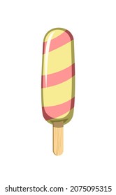 Striped pink Ice cream. Popsicle on a stick. Summer food sweet dessert. Flat design. Object is isolated on a white background. Illustration Vector