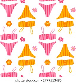 Striped pink and orange bikini seamless pattern with flowers in flat style