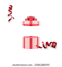 A striped, pink and red gift box with an open lid, accented by decorative ribbons, symbolizing celebration and surprise, perfect for festive themes such as birthdays, holidays, and special occasions.