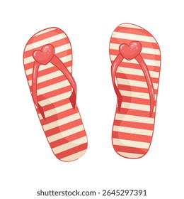 Striped pink and white beach slippers with cute red hearts. Beach summer shoes. Bathroom foot accessories. Vector colorful flip flops from summer collection. For stickers, decoration and design.