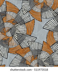 Striped pinwheels big gray and orange.Hand drawn with ink seamless background. Creative handmade repainting design for fabric or textile. Geometric pattern with striped circular shapes. 