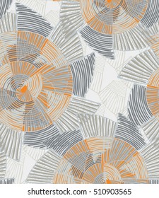 Striped pinwheels big light gray and orange.Hand drawn with ink seamless background. Creative handmade repainting design for fabric or textile. Geometric pattern with striped circular shapes. Vintage