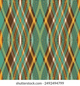Striped plaid seamless pattern design. Plaid stripe waves in yellow, brown and turquoise.