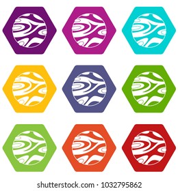 Striped planet icon set many color hexahedron isolated on white vector illustration