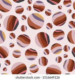 Striped planet polka dot circle seamless pattern background. Soft pink spice color neutral tones. Abstract mystical space universe style. All over print for  cosmic fashion, home decor, packaging. 