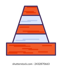 Cono de plástico rayado para restringir el tráfico durante las reparaciones de la carretera. Herramientas profesionales y equipos de especialistas altamente calificados. Icono de vector de trazos de color simple aislado sobre fondo blanco