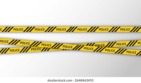 Fitas policiais listradas no fundo branco. Fitas amarelas da barreira de segurança. Fronteiras perfeitas para locais de crime. Definir linhas de fitas de aviso para restrição de zonas de acidentes criminais. Ilustração vetorial.