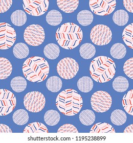 Striped Polka Dot Circle Seamless Vector Pattern. Hand Drawn Dotty Background Illustration for Trendy Packaging Wrap, Retro 1950s Style Fashion Print, Wallpaper, Summer Textiles or Pink Kids Clothing