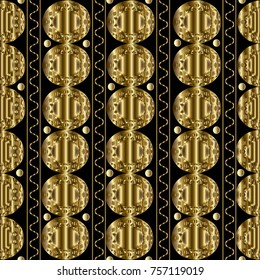 Striped polka dots modern seamless pattern. Black vector background with 3d gold stripes, waves, lines, circles, mandalas, zigzag and abstract shapes. Geometric wallpaper. Polka dots trendy ornaments