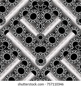 Striped polka dots tribal seamless pattern. Ethnic vector 3d background with stripes, waves, lines, circles, mandalas, zigzag and abstract shapes. Geometric wallpaper. Polka dots tribe ornaments. 