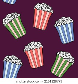 Striped Pop Corn Boxes Seamless Vector Pattern Minimalist Design Chic Bright Colors Dark Purple Background