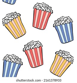 Striped Pop Corn Boxes Seamless Vector Pattern Minimalist Design Chic Bright Colors Isolated White Background