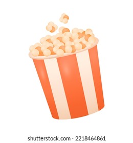 Striped popcorn box 3D icon. Red and white bucket with sweet or salty snack for watching movies or films 3D vector illustration on white background. Cinema, entertainment, food concept