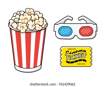 Striped popcorn bucket box, 3d cinema glasses and ticket isolated.