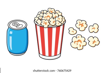 Striped popcorn bucket box and blue soda soft drink or cola can isolated