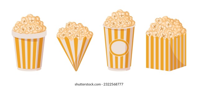 Striped popcorn buckets. Cartoon yellow popcorn cups, popcorn salty or sweet flavour. Movie or tv show watching snack flat vector illustration set