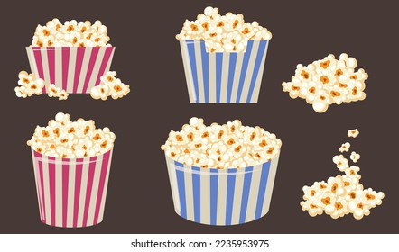 Sacos de papel de palomitas de maíz a rayas, ilustraciones vectoriales set. Contenedores de palomitas con rayas rojas o azules, tentempiés para ver películas aisladas en fondo marrón. Comida, cine, concepto de animación