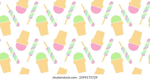 Striped Popsicle on stick Pistachio Berry Sundae in waffle cup Seamless Pattern Ice Cream Background