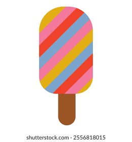 a striped popsicle with vibrant diagonal bands of pink, blue, yellow, and red, featuring a wooden stick, evoking a fun and refreshing summer treat.