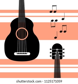 Striped poster on a white background with a guitar. Vector illustration with notes about music.