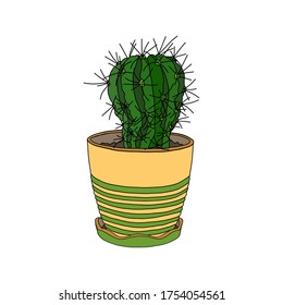 Сactus in a striped pot . Vector illustration on a white background. For banners, postcards, posters, clothing and decor.