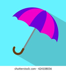 Striped purple pink umbrella on blue background. Flat icon