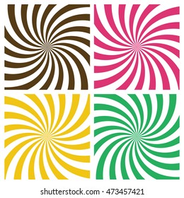 Striped radial vortex backgrounds set. Retro style color spiral stripes swirling around center of the square. Pattern with swirly rays. Vector eps8 illustration in brown, pink, yellow and mint colors.