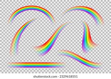 Arco arco iris a rayas, rayas y olas con efecto de transparencia establecido. Vector