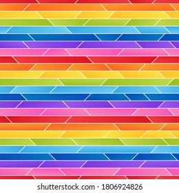 Striped Rainbow Seamless Pattern of Simple Asymmetric Geometric Shapes. 
Universal Abstract Continuous Background of Eight Colors.