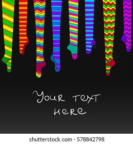 Striped rainbow socks on black background. Pattern or template for text in cartoon style.