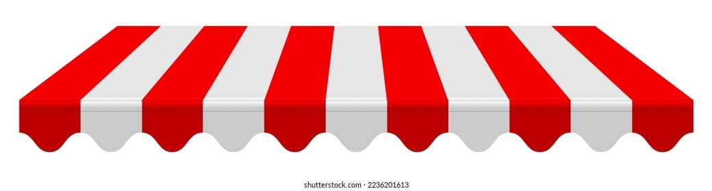 Striped red awning, realistic mockup. Tent roof, template for design. 3D vector mockup isolated on white background.