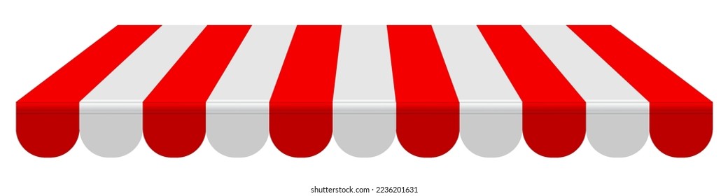 Striped red awning, realistic mockup. Tent roof, template for design. 3D vector mockup isolated on white background.