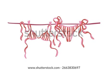 Striped red bikini top and bottom with long ribbons hanging on clothesline. Hand-drawn vector illustration isolated on white background. Summer fashion and swimwear