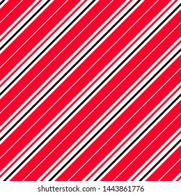 Striped red, black and white diagonal pattern. Warning background for hazardous elements. Repeating seamless vector pattern. Equal intervals between the bands.