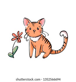 striped red cat with flower, vector illustration isolated on white background