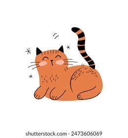 Сute striped red cat.  Hand drawn vector illustration. Funny pet character card template. Isolated on white.