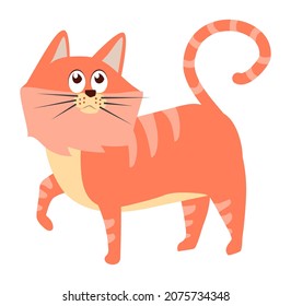 Striped red cat. Walking fluffy animal in cartoon style
