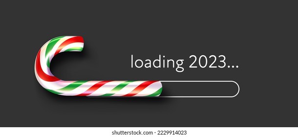 Striped red, green and white candy cane 2023 loading bar on black background. New year downloading.