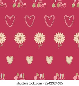 Striped red hand drawn seamless pattern. Hand drawn lettering All you need is Love, hearts and flowers lined up. For wrapping paper, textile, scrapbooking, greetings, DIY projects.