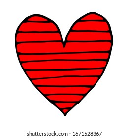 Striped red heart in Doodle style. Isolated symbol of love on White background. Vector illustration.