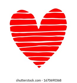 Striped red heart in flat style. Isolated symbol of love on White background. Vector illustration.