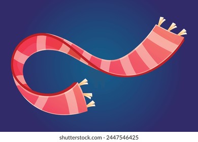 Striped red knitted warm winter scarf. Vector isolated cartoon children's illustration.