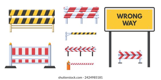 Striped red obstacles, wrong way stop and dead end signs. svg