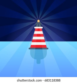 Striped red plastic buoy with lighter on top in blue water isolated flat vector illustration in blue water. Equipment for safety in sea.