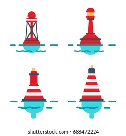 Striped red plastic buoys with lighter on top in blue water isolated flat vector illustrations set on white background. Equipment for safety in sea.